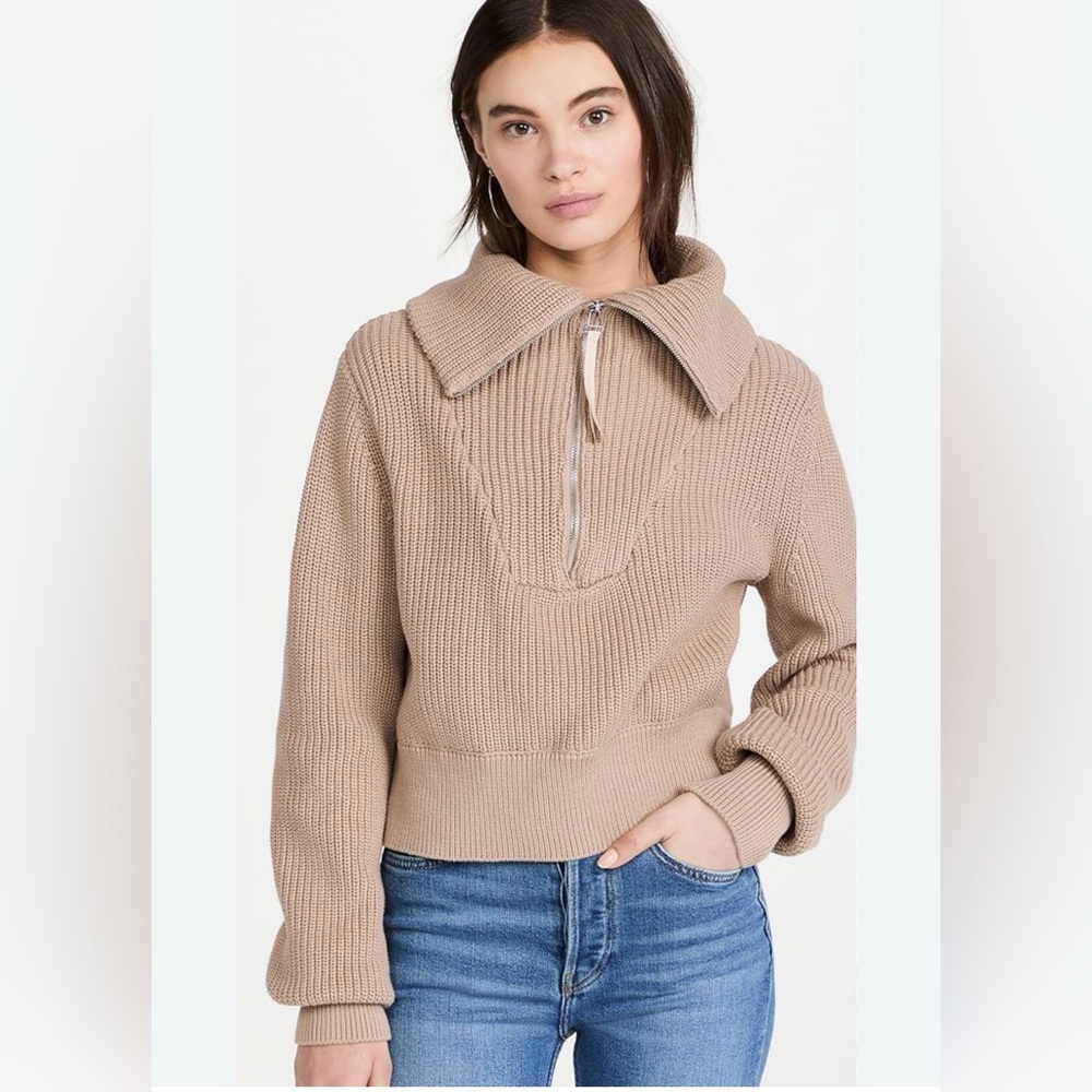 Anthropologie Varley Mentone Top longsleeve sweater collar size S light taupe